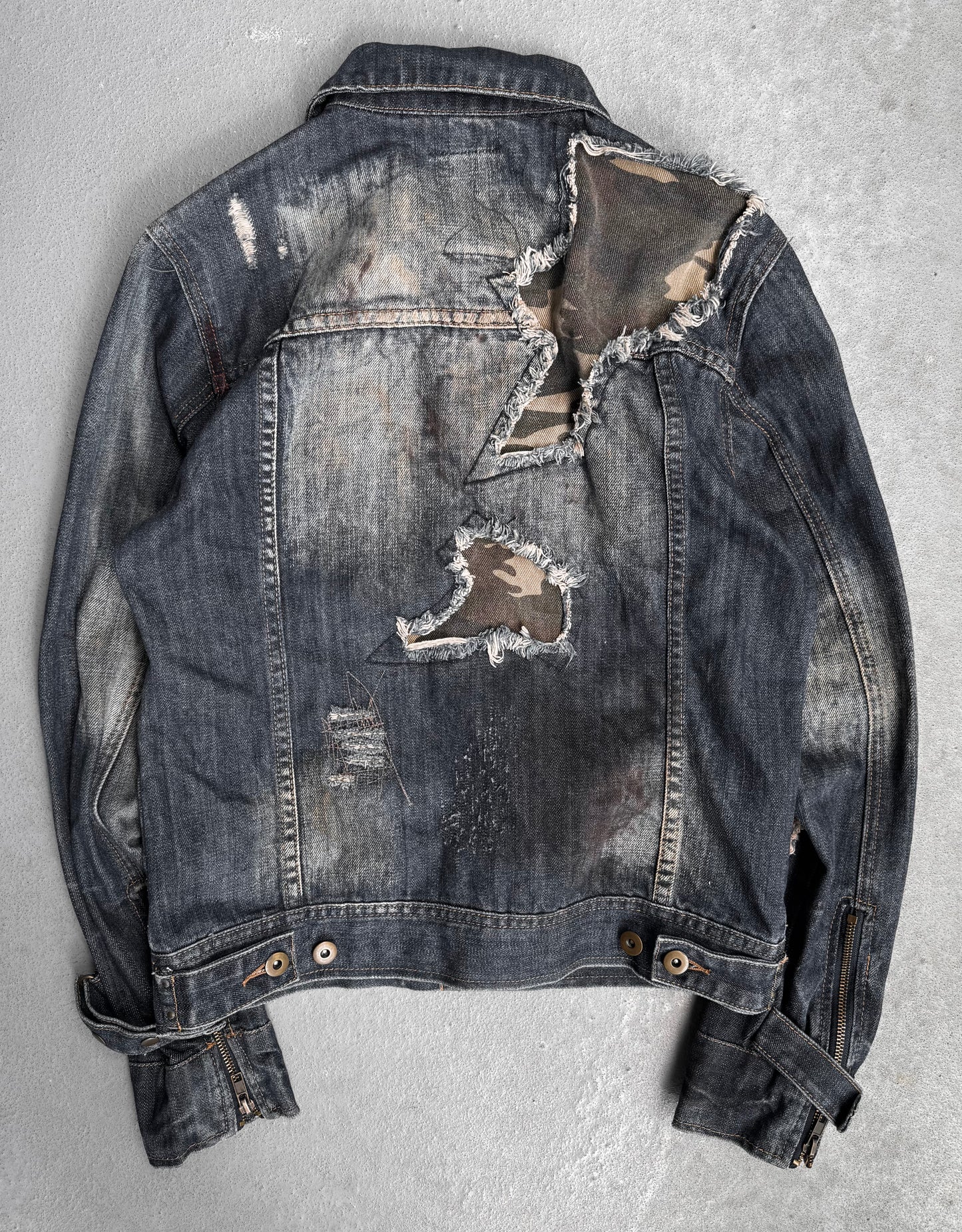 Midas Early 00s Mud-stained Camo Patchwork Denim Trucker Jacket
