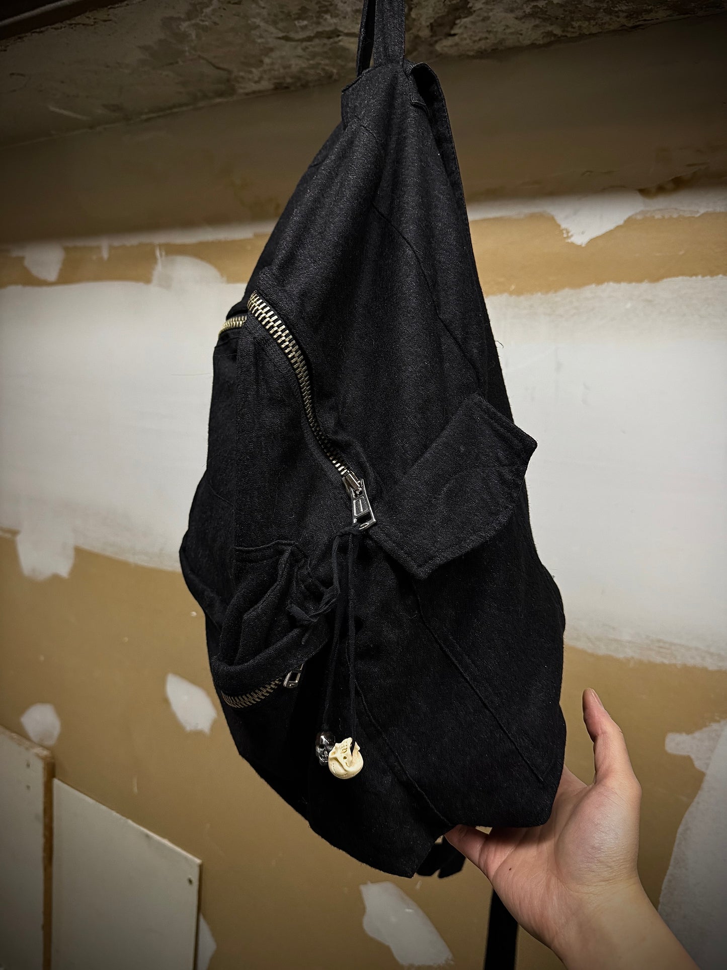 Ann Demeulemeester 2010s Skull Charm Wool Ramie Backpack