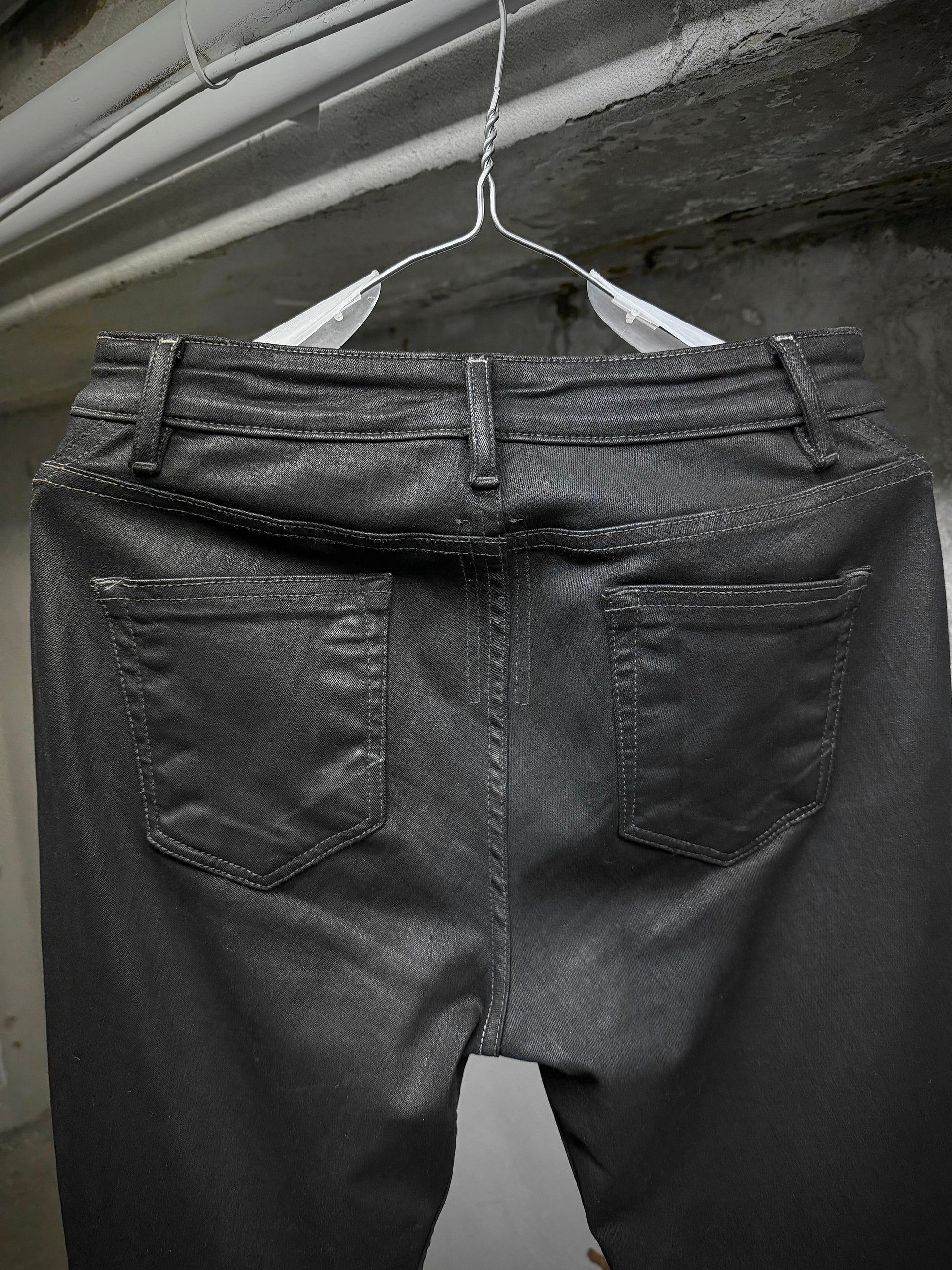Rick Owens DRKSHDW AW24 "PORTERVILLE" 'BIAS BOOTCUT' Waxed Flare Denim detail | DRIEW GARMENTS