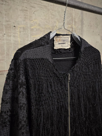 By Walid Black Silk Floral Embroidered Sashiko Fringe Front Zip Jacket