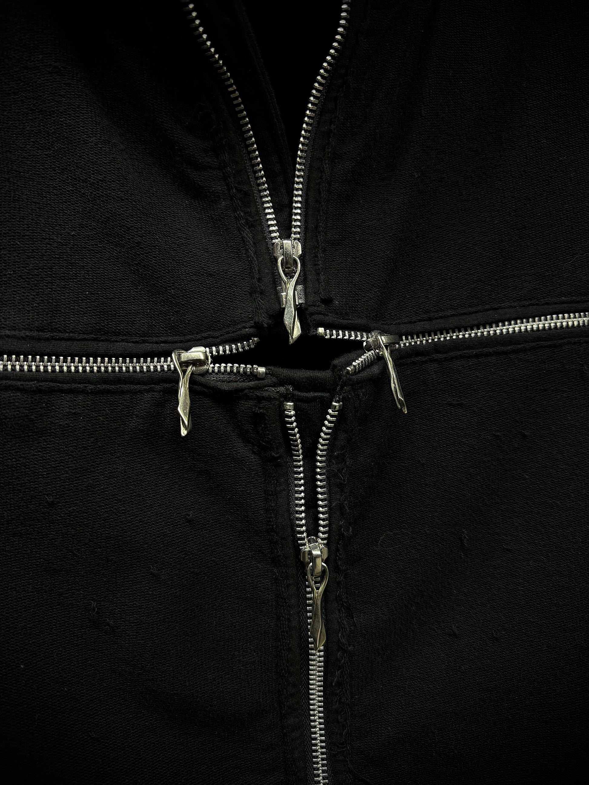 14thAddiction Mohawk Custom Distressed Sheepskin Leather Cross-zip Hoodie detail | DRIEW GARMENTS