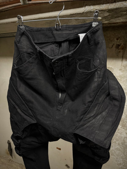 Julius_7 SS15 “prism;” Waxed Jumbo Velcro Gas-Mask Cargos Denim