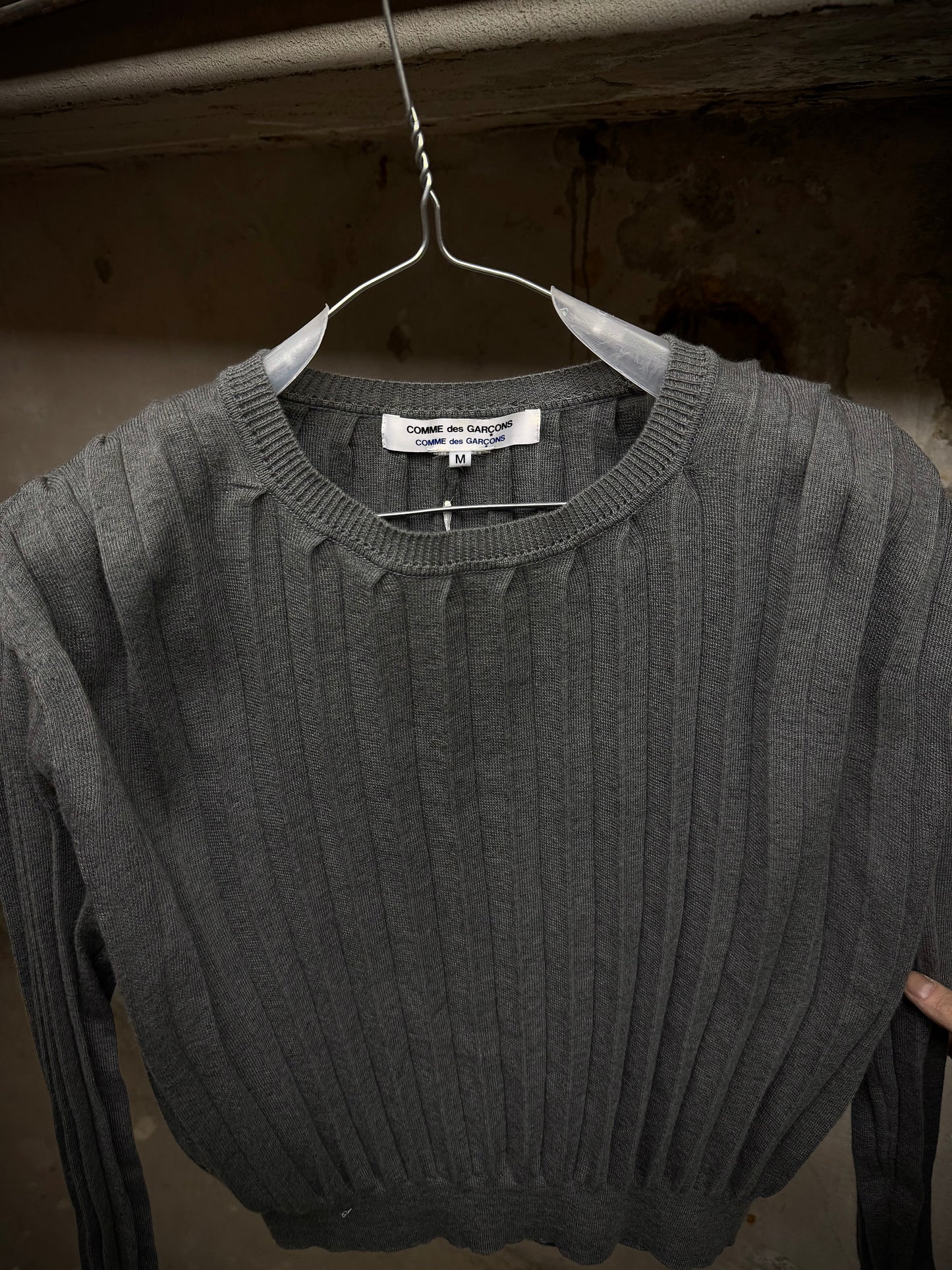 COMME des GARÇONS CDG Early 00s Grey Pleated Knit Sweater detail | DRIEW GARMENTS