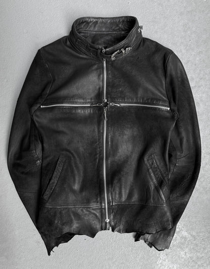 14thAddiction AW17 Distressed Sheepskin Leather Cross-zip Jacket
