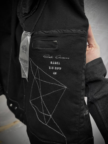 Rick Owens SS19 "BABEL" BLACK WAX Paneled Denim Trucker Jacket detail | DRIEW GARMENTS