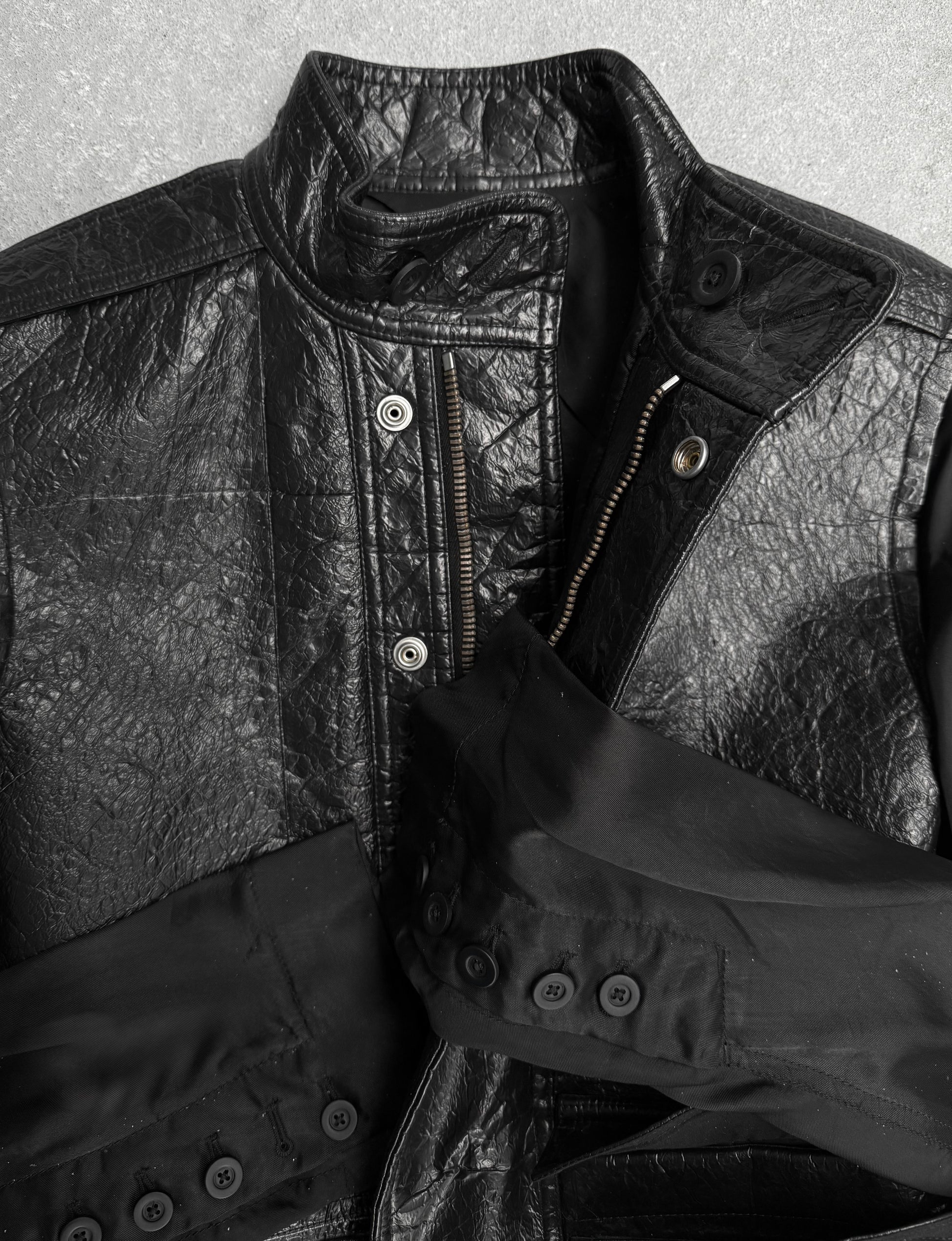 Rick Owens SS16 "CYCLOPS" Faux Leather Deconstructed Sleeve Military Jacket detail | DRIEW GARMENTS