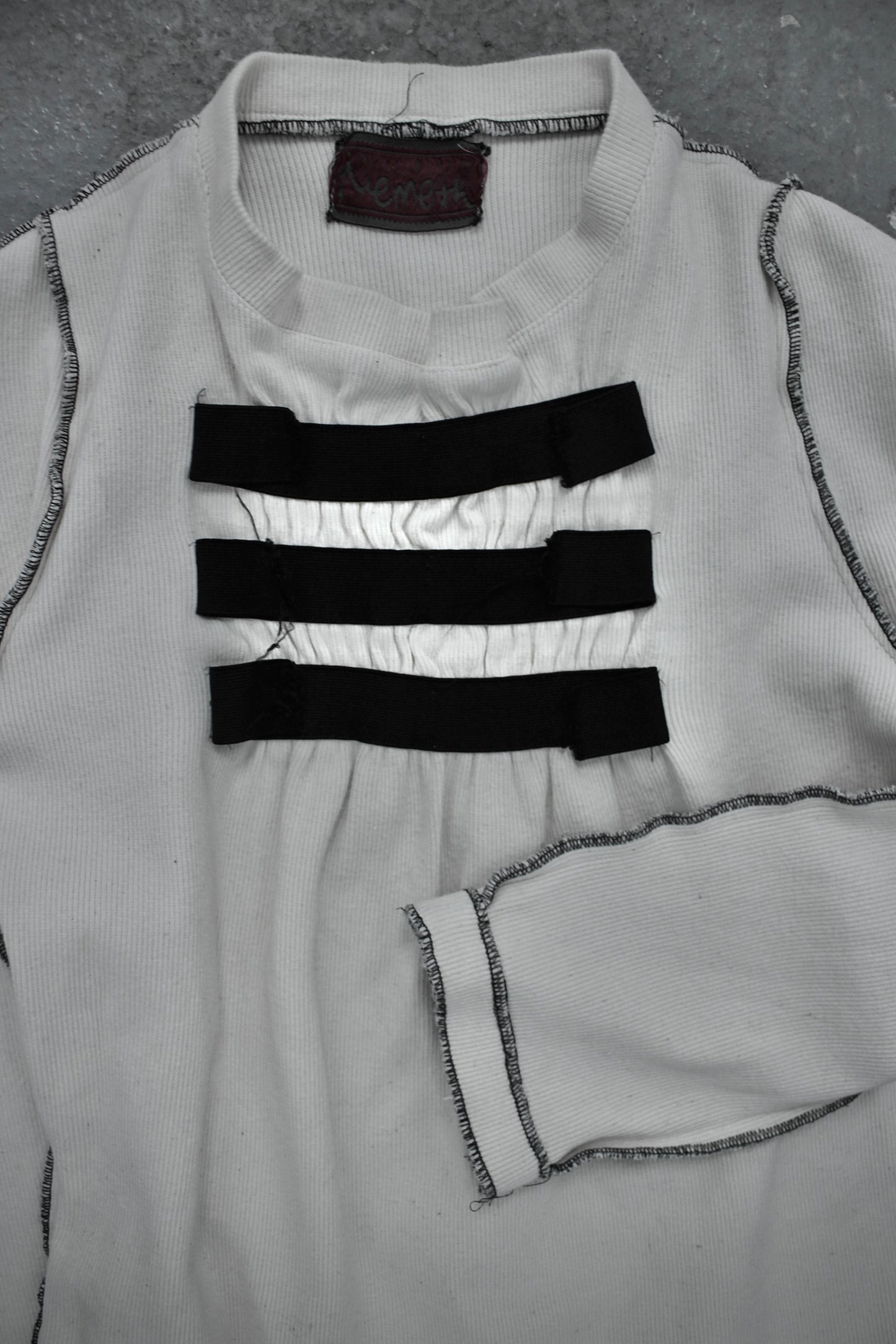 Christopher Nemeth Late 90s Exposed Overlock Stitch Ruched Rugby Cotton Long-sleeves detail | DRIEW GARMENTS