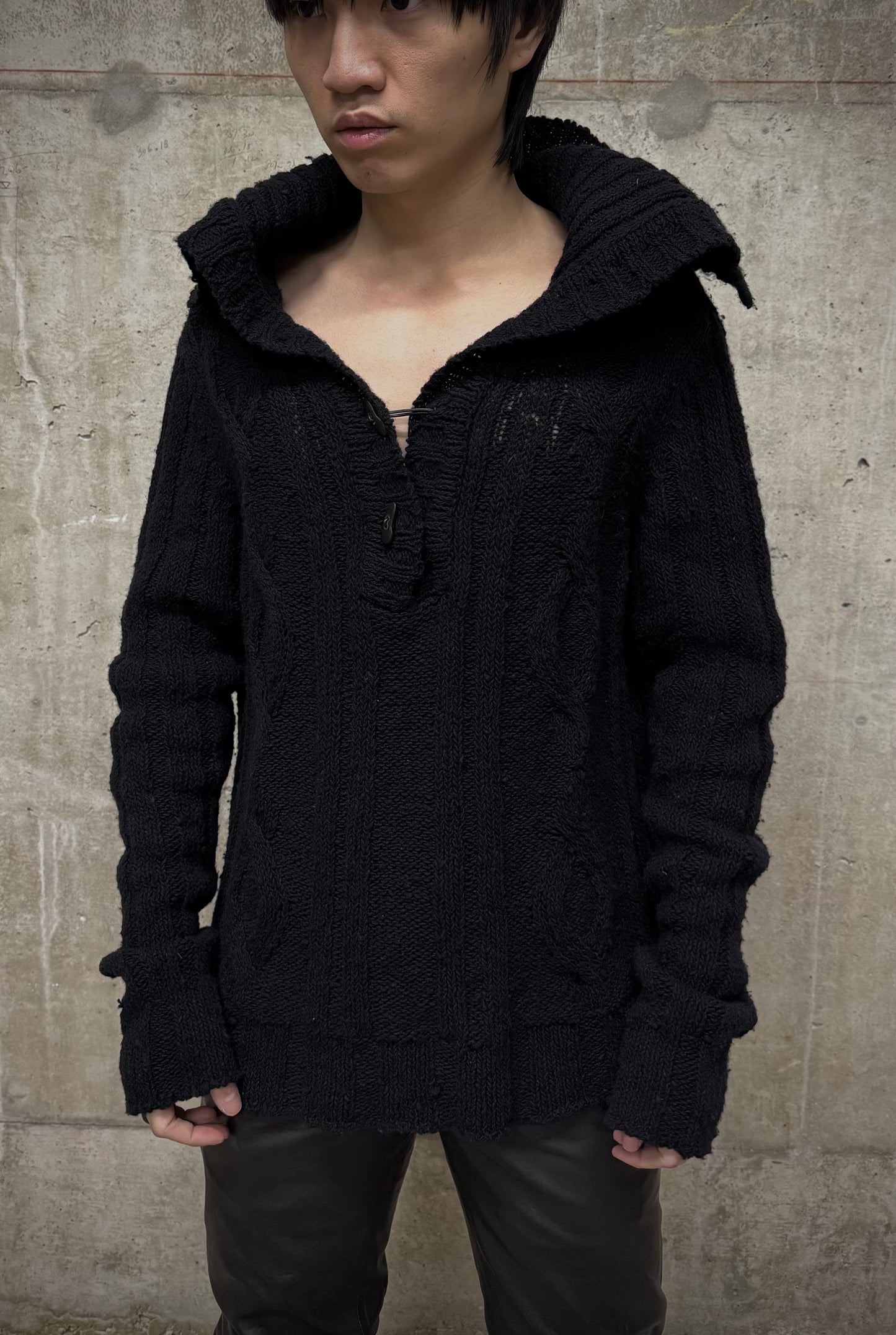 Ann Demeulemeester Early 00s Wide Collar Wool Cable Knit Henley Sweater