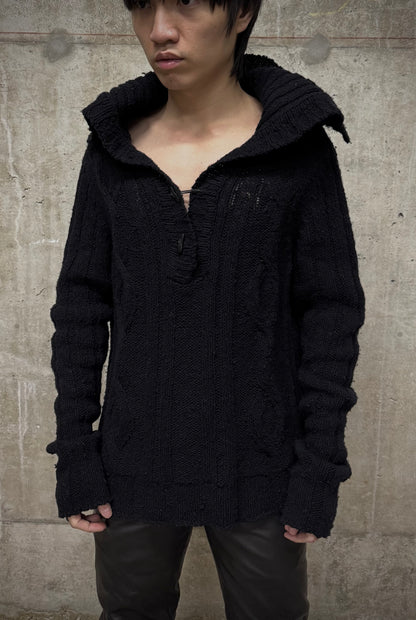 Ann Demeulemeester Early 00s Wide Collar Wool Cable Knit Henley Sweater