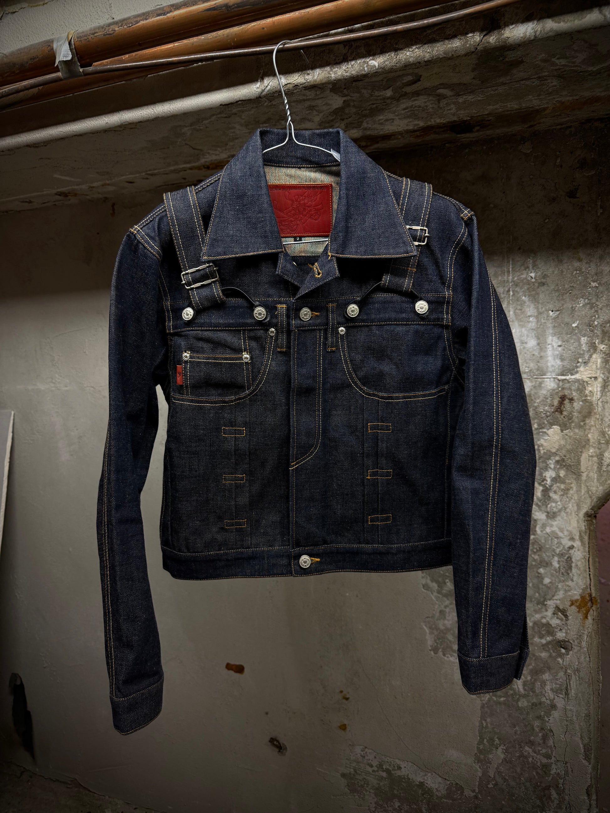 Yuji Yamada 00s 'FURNISHINGS' Removable Leather Harness Raw Denim 'Jean' Jacket | Archive Fashion Toronto