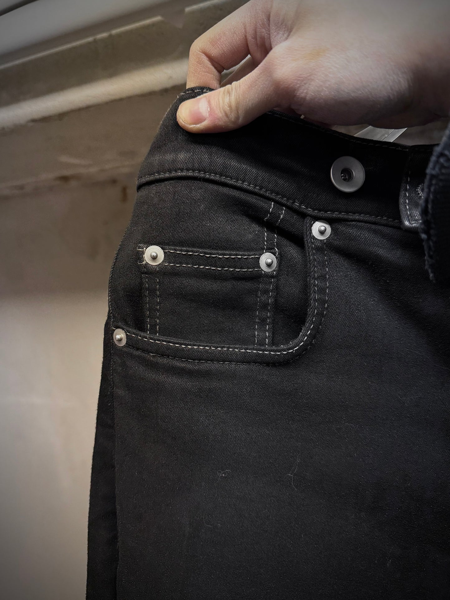 Rick Owens DRKSHDW AW21 "GETHSEMANE" 'BOLANS BOOTCUT' Waxed Flare Denim detail | DRIEW GARMENTS
