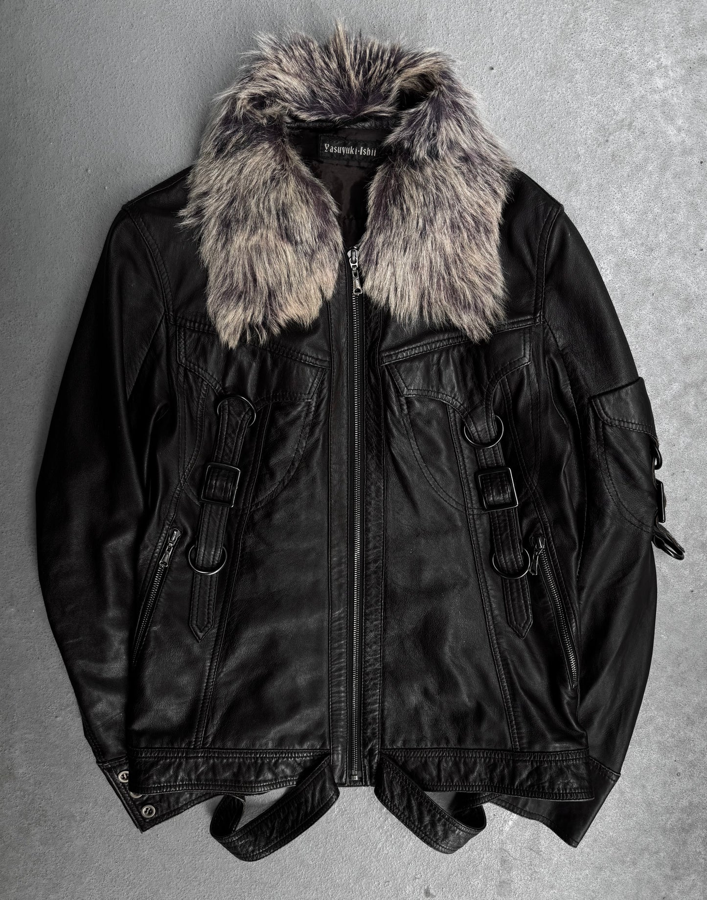 Yasuyuki Ishii Early 00s Detachable Fur Collar Gas-Mask Lambskin Leather Jacket