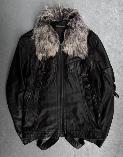 Yasuyuki Ishii Early 00s Detachable Fur Collar Gas-Mask Lambskin Leather Jacket