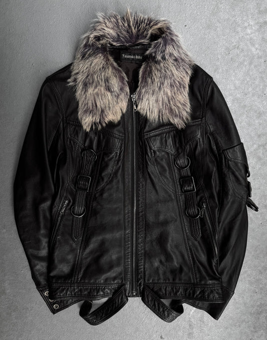 Yasuyuki Ishii Early 00s Detachable Fur Collar Gas-Mask Lambskin Leather Jacket