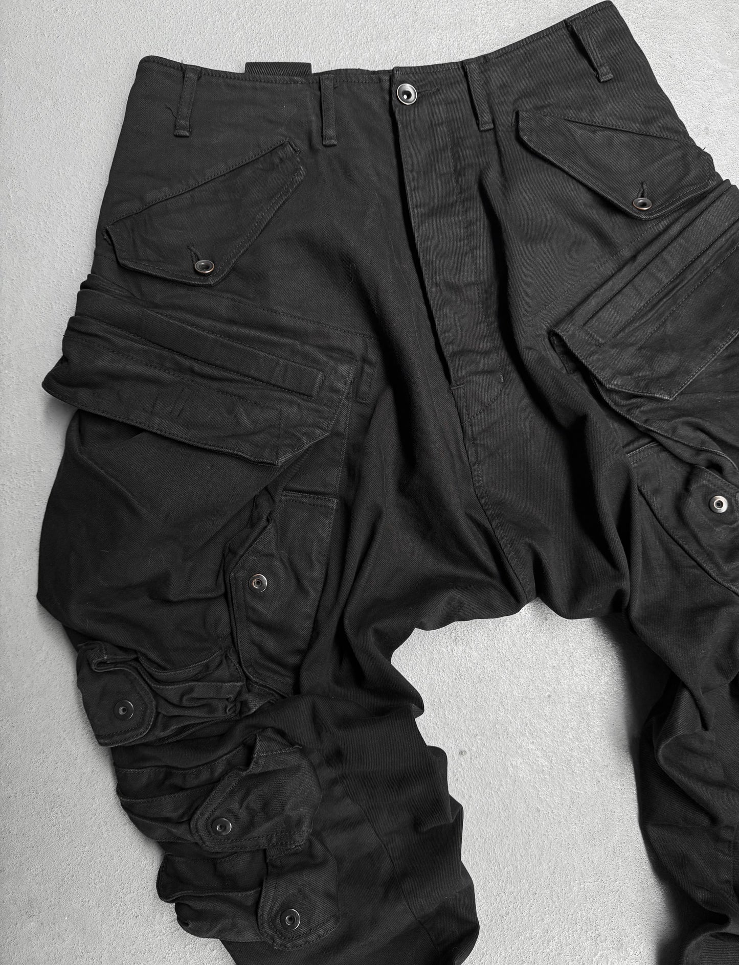 Julius_7 AW14-15 "Glitch;" Drop-crotch Gas-Mask Denim Cargo Pants