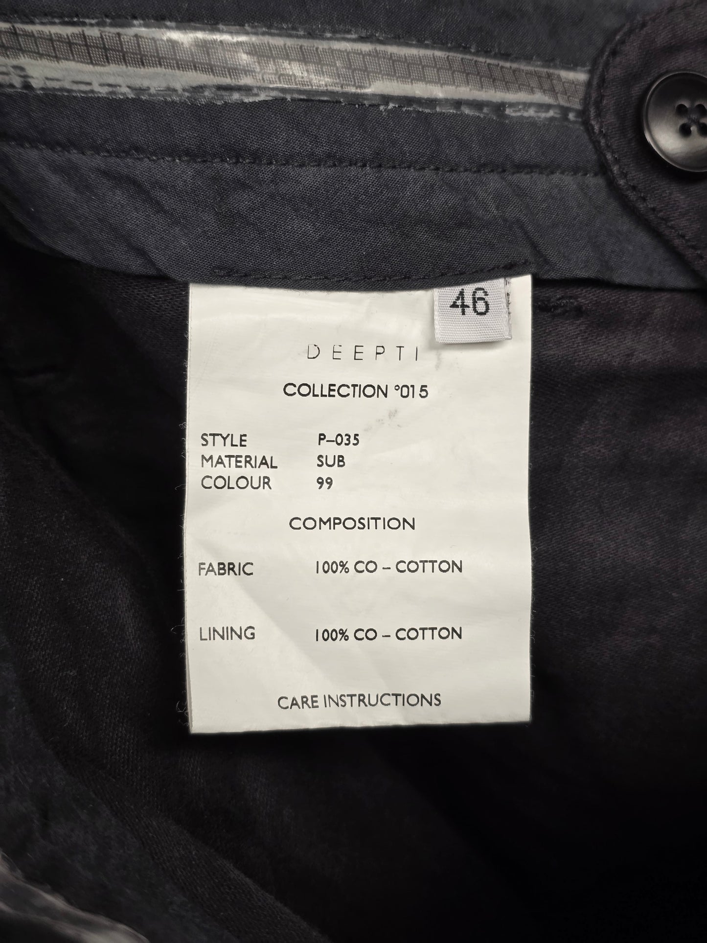 DEEPTI Collection °015 ‘P-035 SUB-99’ Open Zipfly Classic Trousers detail | DRIEW GARMENTS
