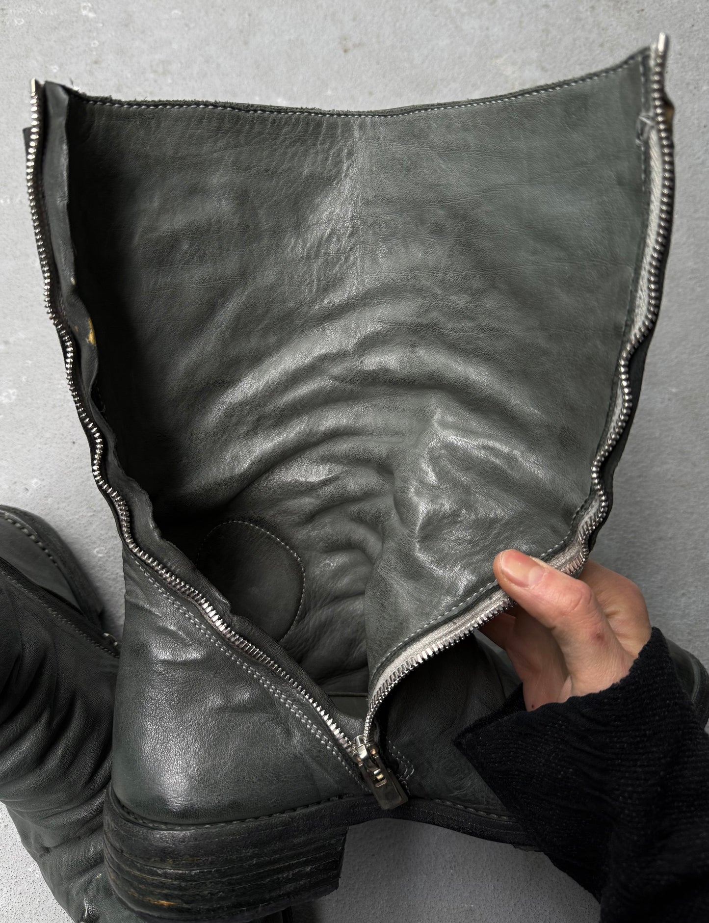 Carol Christian Poell ‘AM/2687P ROOMS-PTC/19’ Kangaroo Leather Titanium Prosthetic Tornado Zip Boots