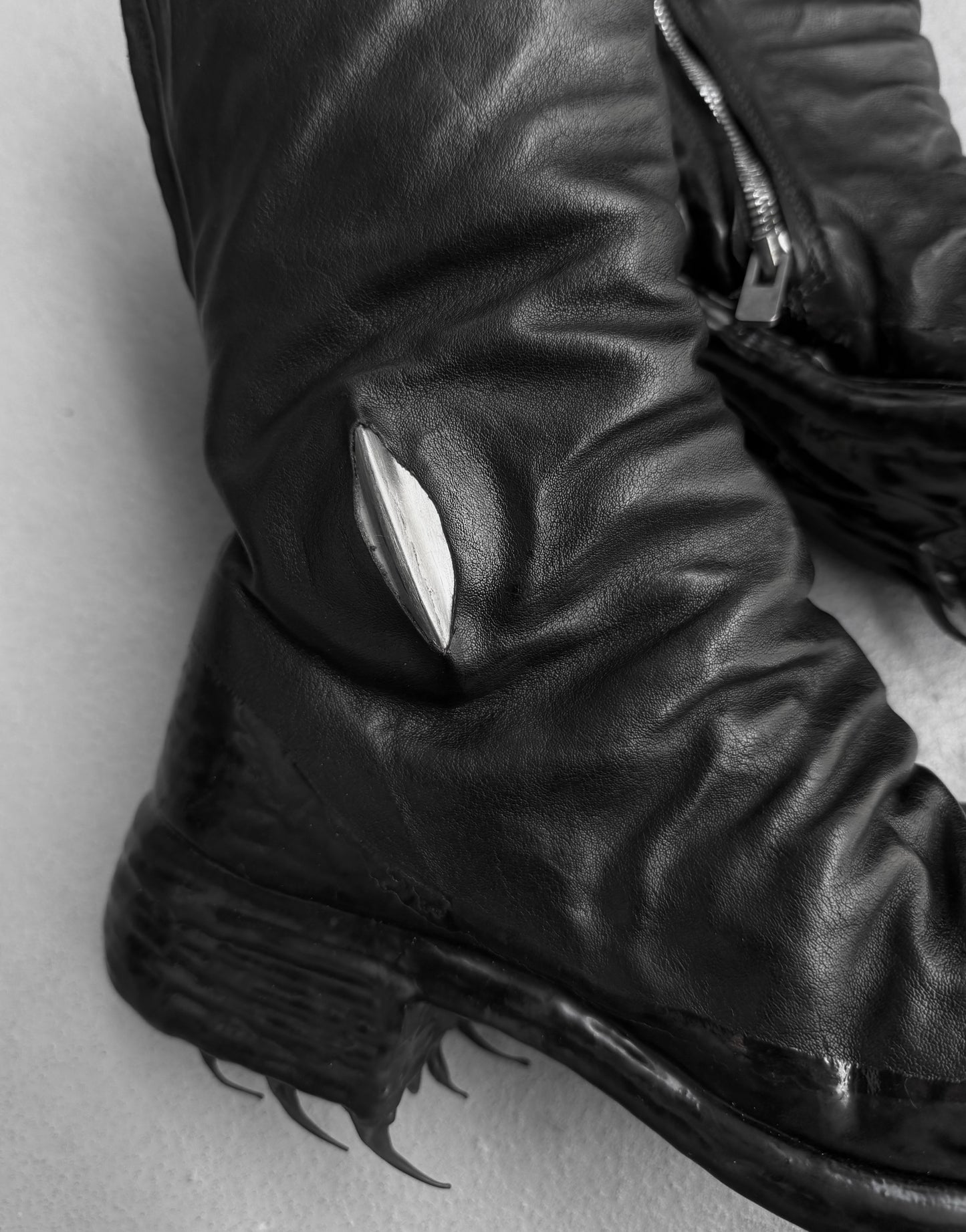 Carol Christian Poell ‘AF/0907PR ROOMS-PTC/10’ Black Objet-dyed Kangaroo Leather Titanium Prosthetic Drip Tornado Zip Boots