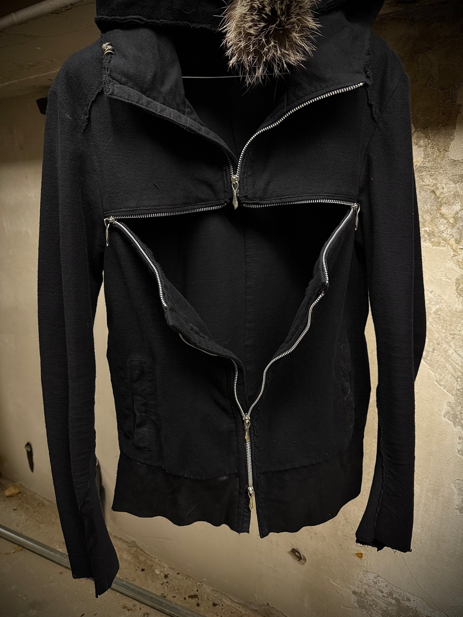 14thAddiction Mohawk Custom Distressed Sheepskin Leather Cross-zip Hoodie detail | DRIEW GARMENTS