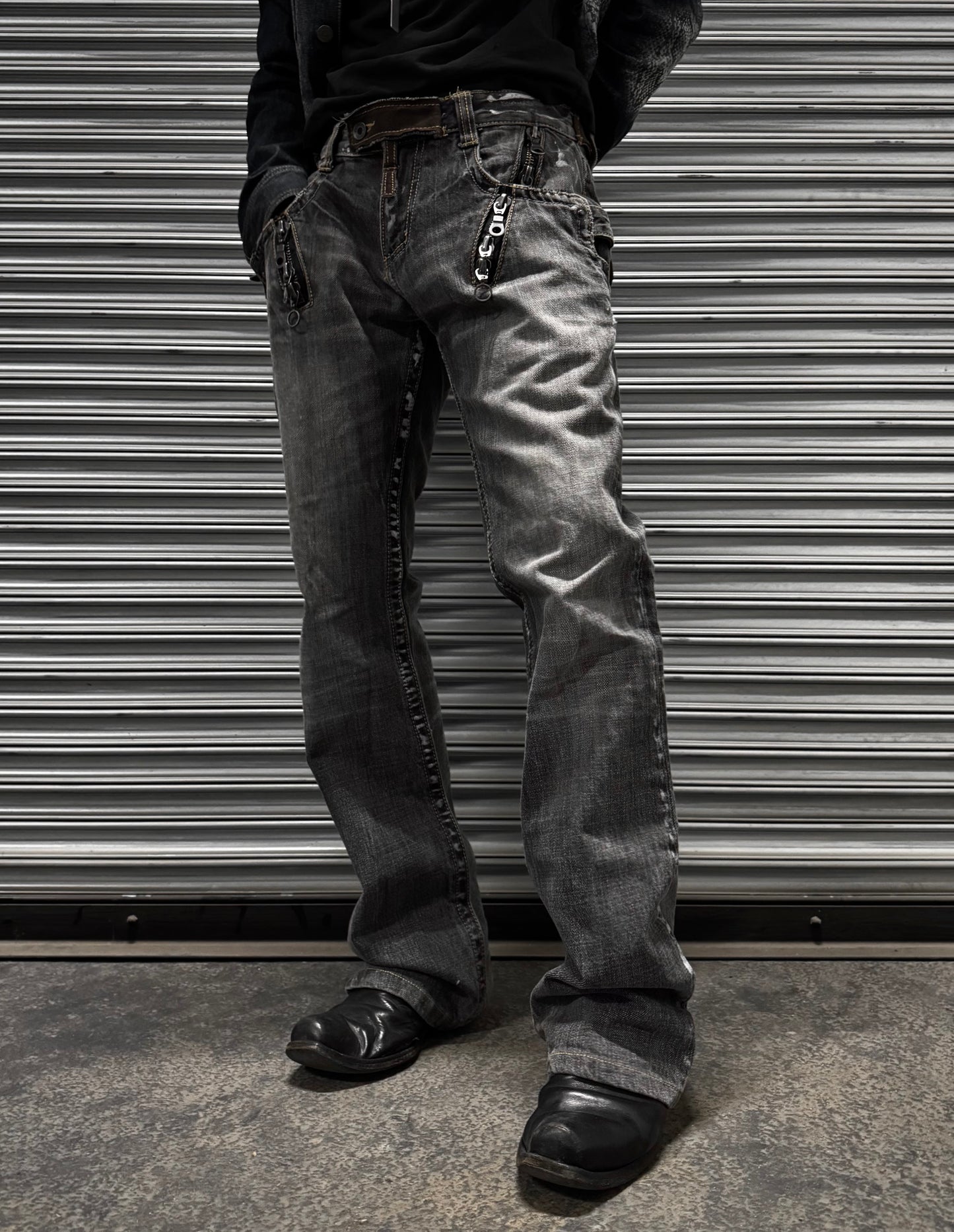 SemanticDesign Early 00s Multi-zip Paint Splattered Flare Denim