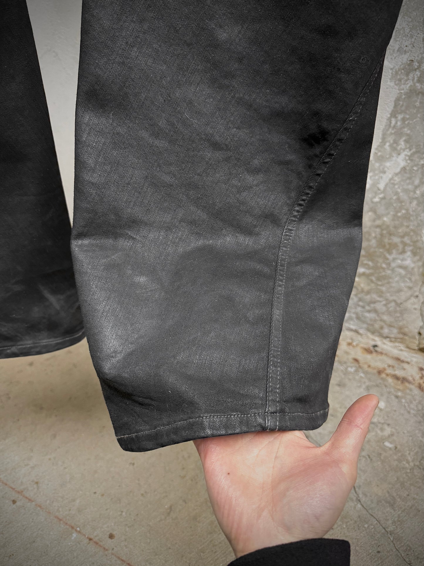 Rick Owens DRKSHDW AW24 "PORTERVILLE" 'BIAS BOOTCUT' Waxed Flare Denim detail | DRIEW GARMENTS