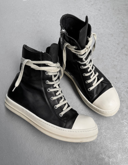 Rick Owens SS24 “LIDO” Black Oiled Calfskin Leather Ramones Sneakers