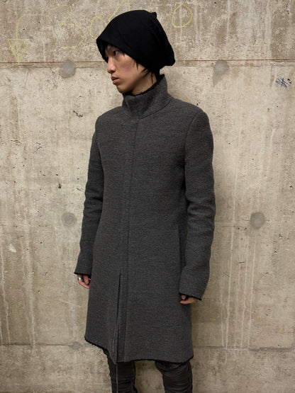 Label Under Construction AW16-17 '28FMCT62_WW62' Grey Virgin Wool Mock Neck Coat detail | DRIEW GARMENTS