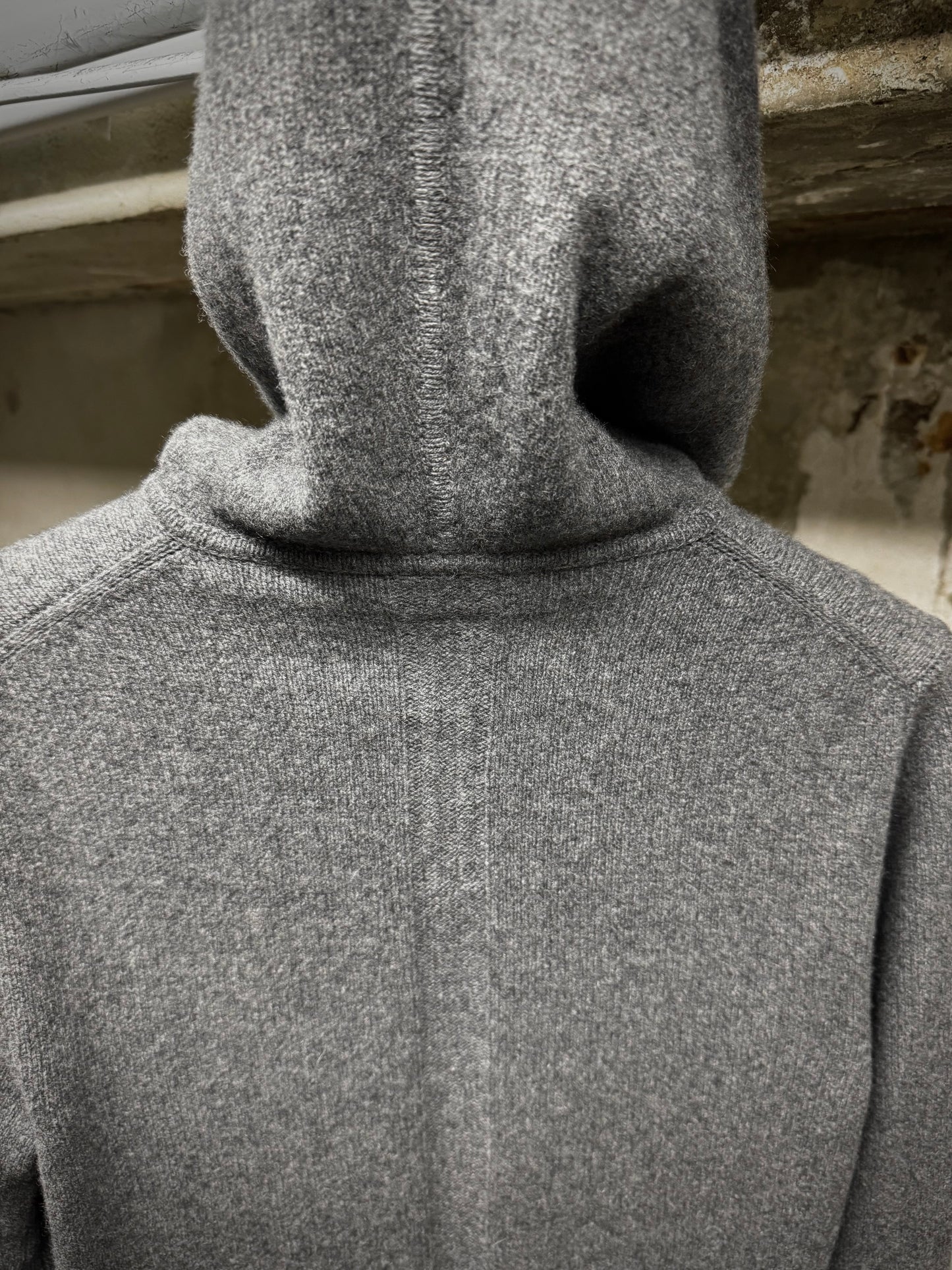 Rick Owens AW20 "PERFORMA" GREY Hooded Cashmere Knit Sweater detail | DRIEW GARMENTS