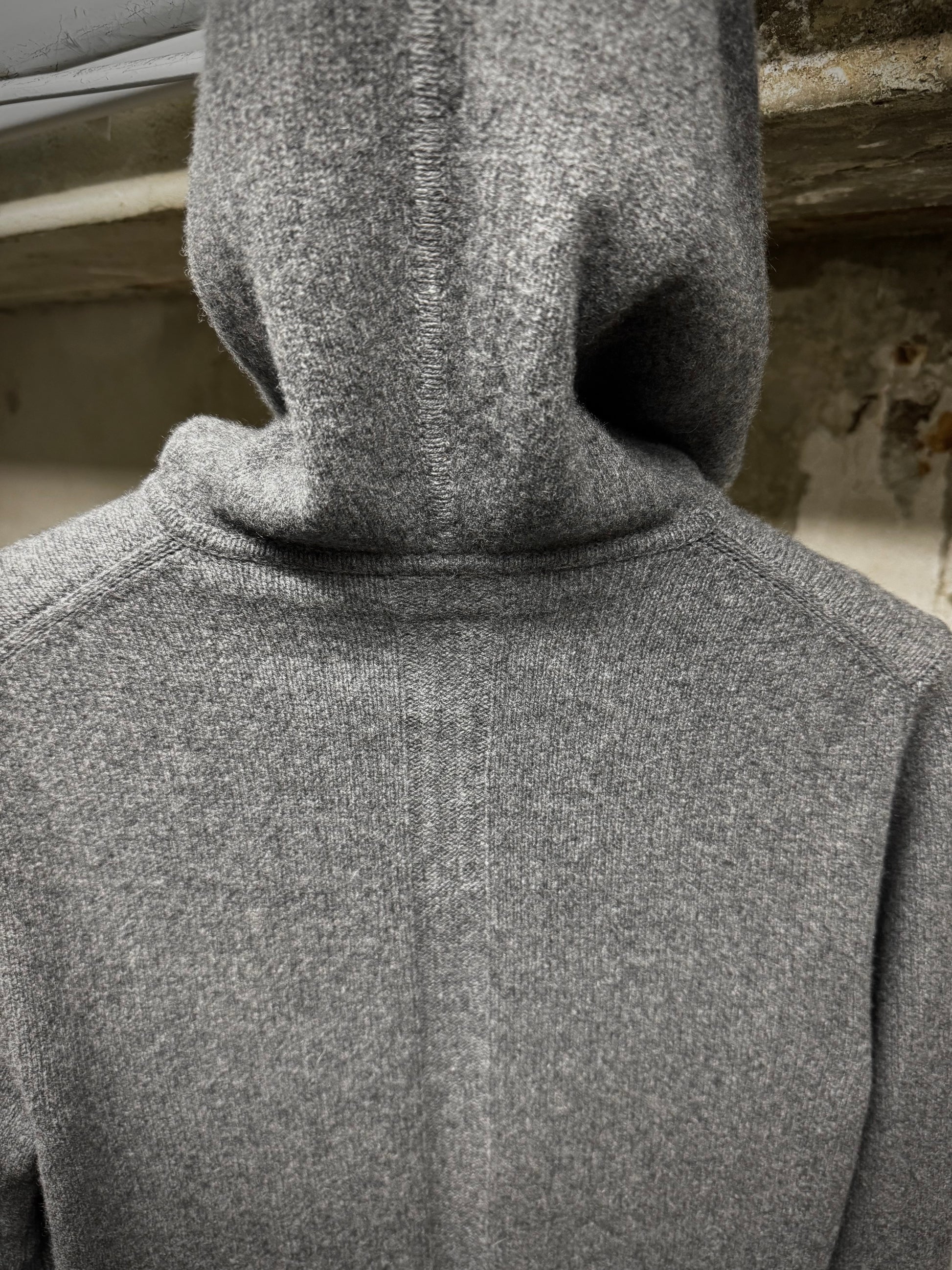Rick Owens AW20 "PERFORMA" GREY Hooded Cashmere Knit Sweater detail | DRIEW GARMENTS