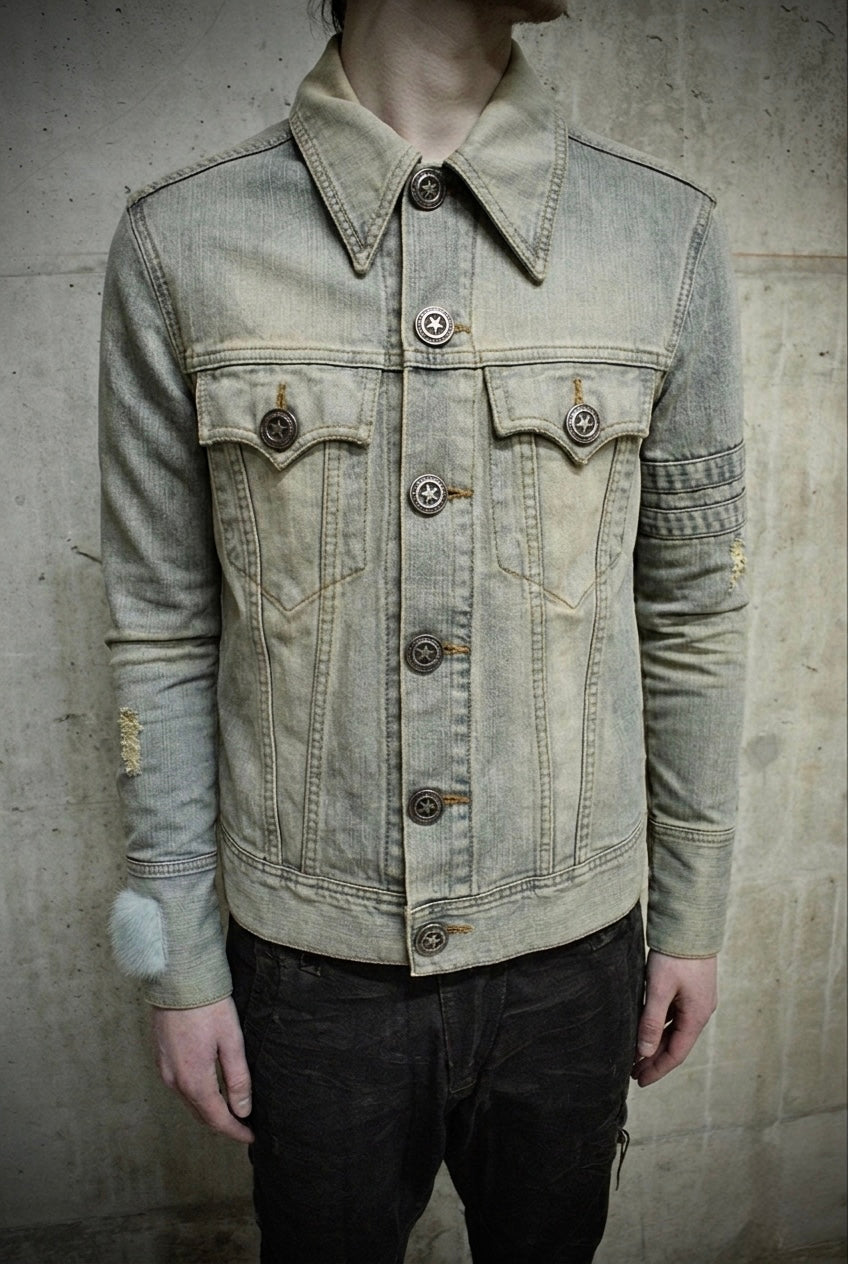 LED RECHWE Early 00s Vintage Wash Distressed Cropped Denim Trucker Jacket