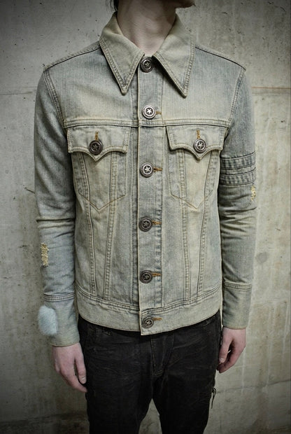 LED RECHWE Early 00s Vintage Wash Distressed Cropped Denim Trucker Jacket