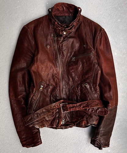 ABAHOUSE Early 00s Worn-out Burgundy Sheepskin Leather Biker Jacket