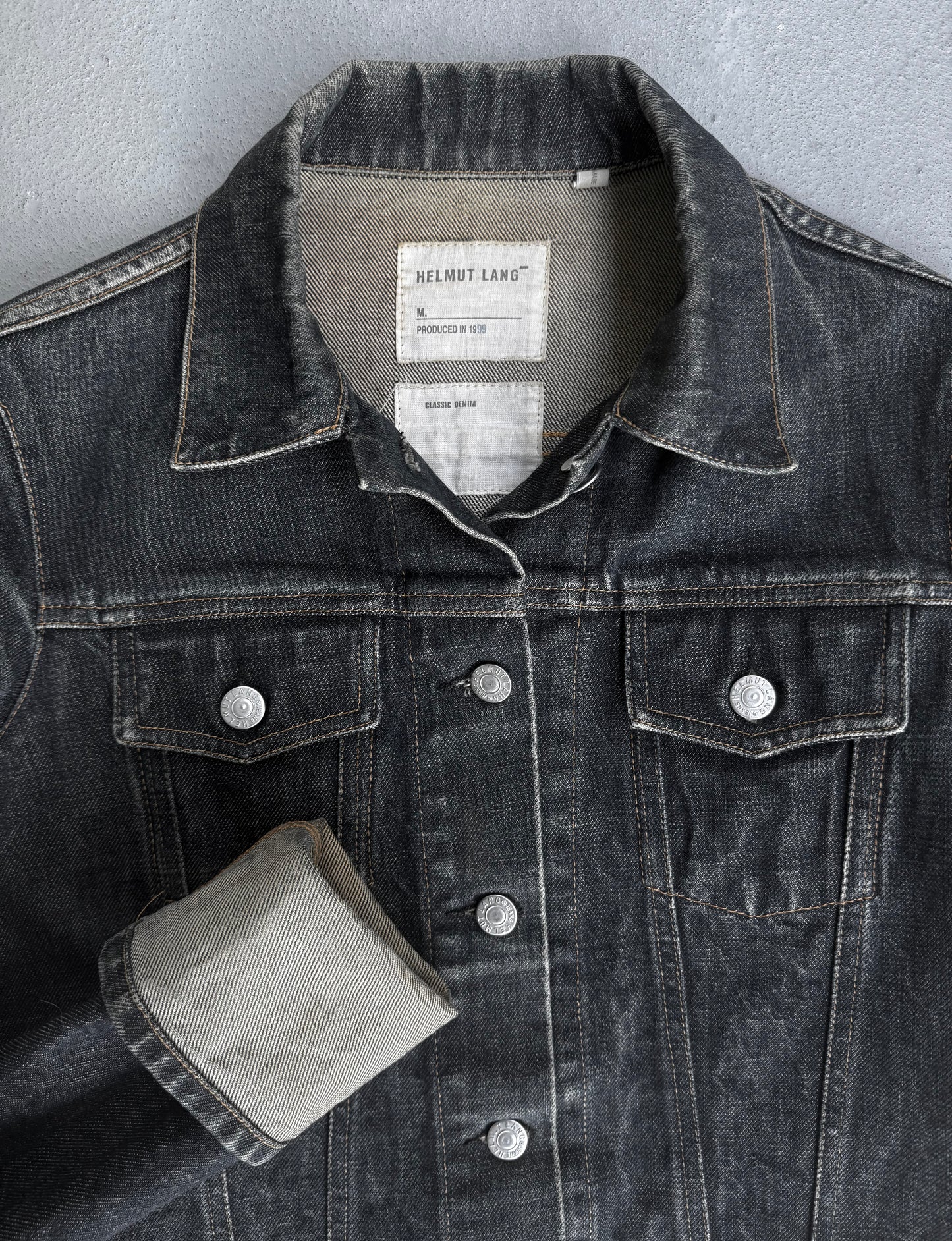 Helmut Lang Late 90s Blue Extended Sleeve Classic Raw Denim Trucker Jacket