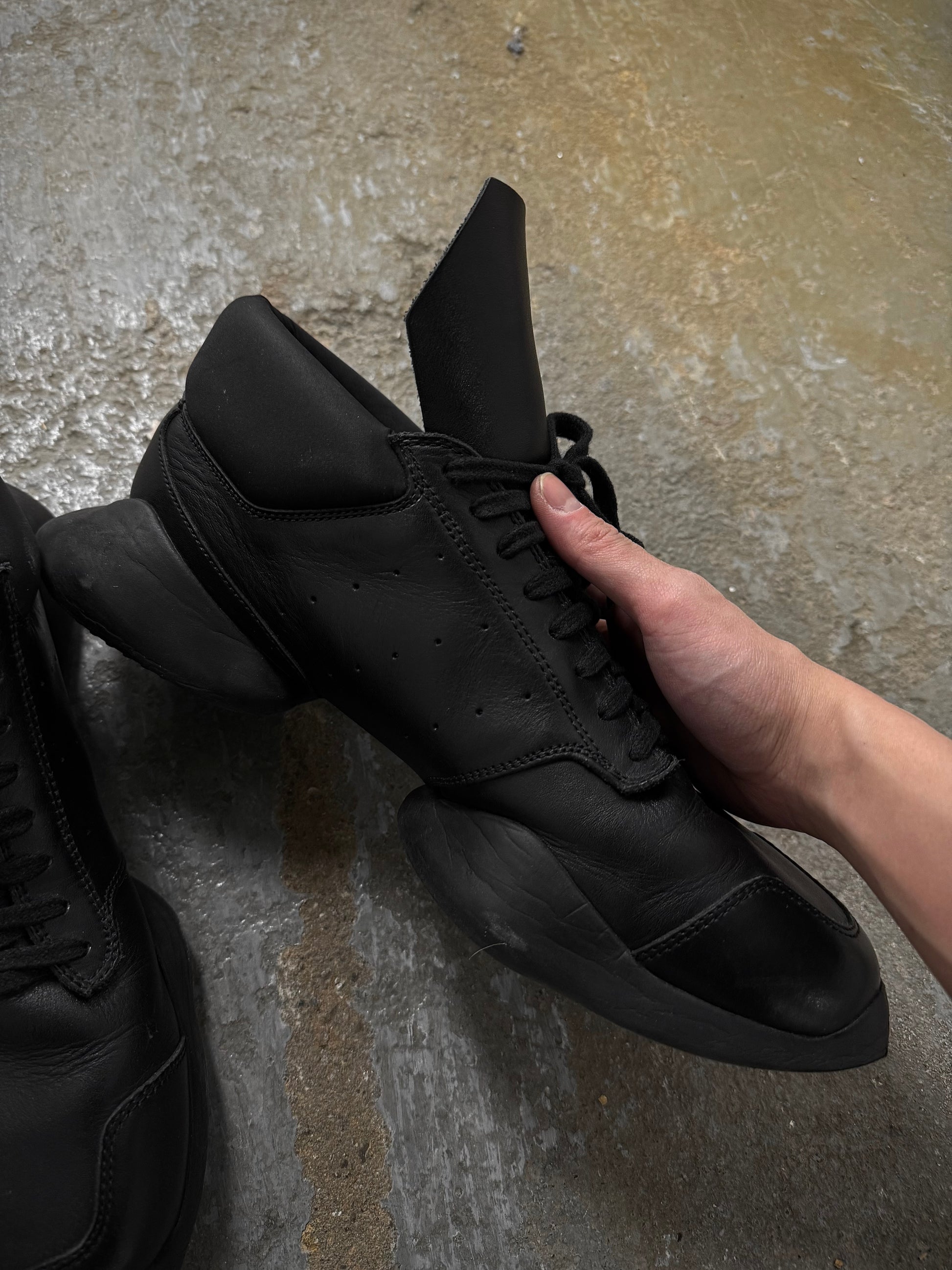 Rick Owens x Adidas SS14 “VICIOUS” 'RO RUNNER' Black Leather Sneakers detail | DRIEW GARMENTS