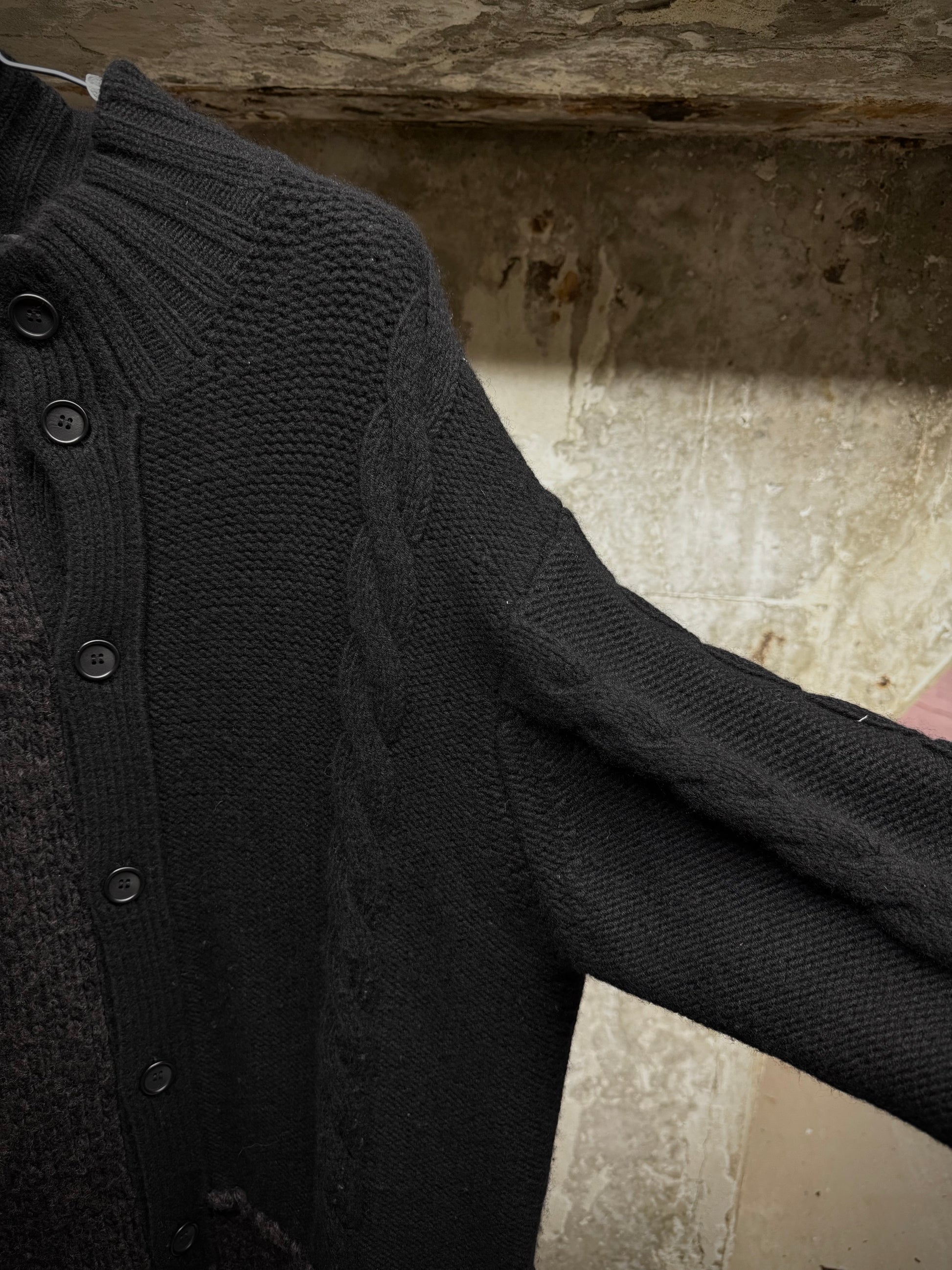 Yohji Yamamoto POUR HOMME AW15 Asymmetric Oversized Chunky Wool Cable Knit Cardigan detail | DRIEW GARMENTS