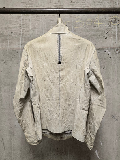 Isaac Sellam: “Experience” Pale Yellow Overlock High Neck Metal Spine Lambskin Leather Jacket