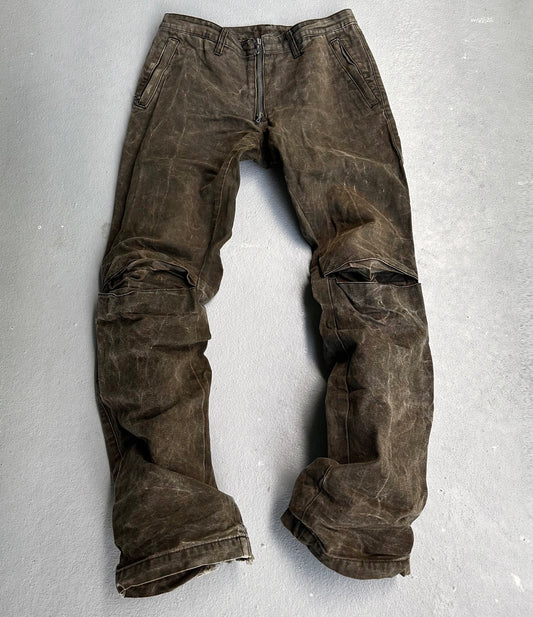 RipVanWinkle Early 00s ‘Front-zip’ Distressed Wax Bootcut Denim