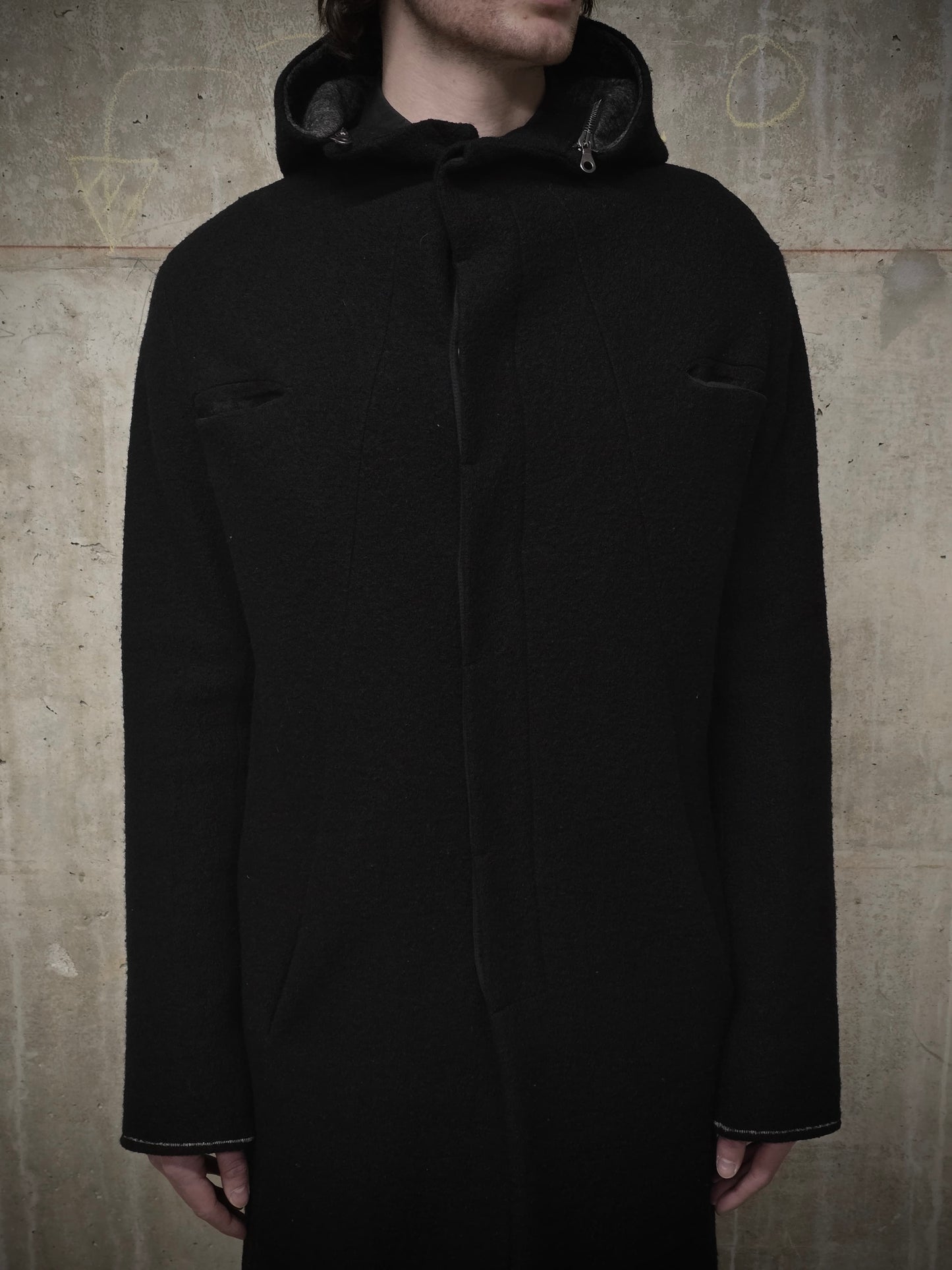 Lost and Found Ria Dunn Lost & Found by Ria Dunn 2010s Removable Hooded Boiled Wool Crepe Coat detail | DRIEW GARMENTS