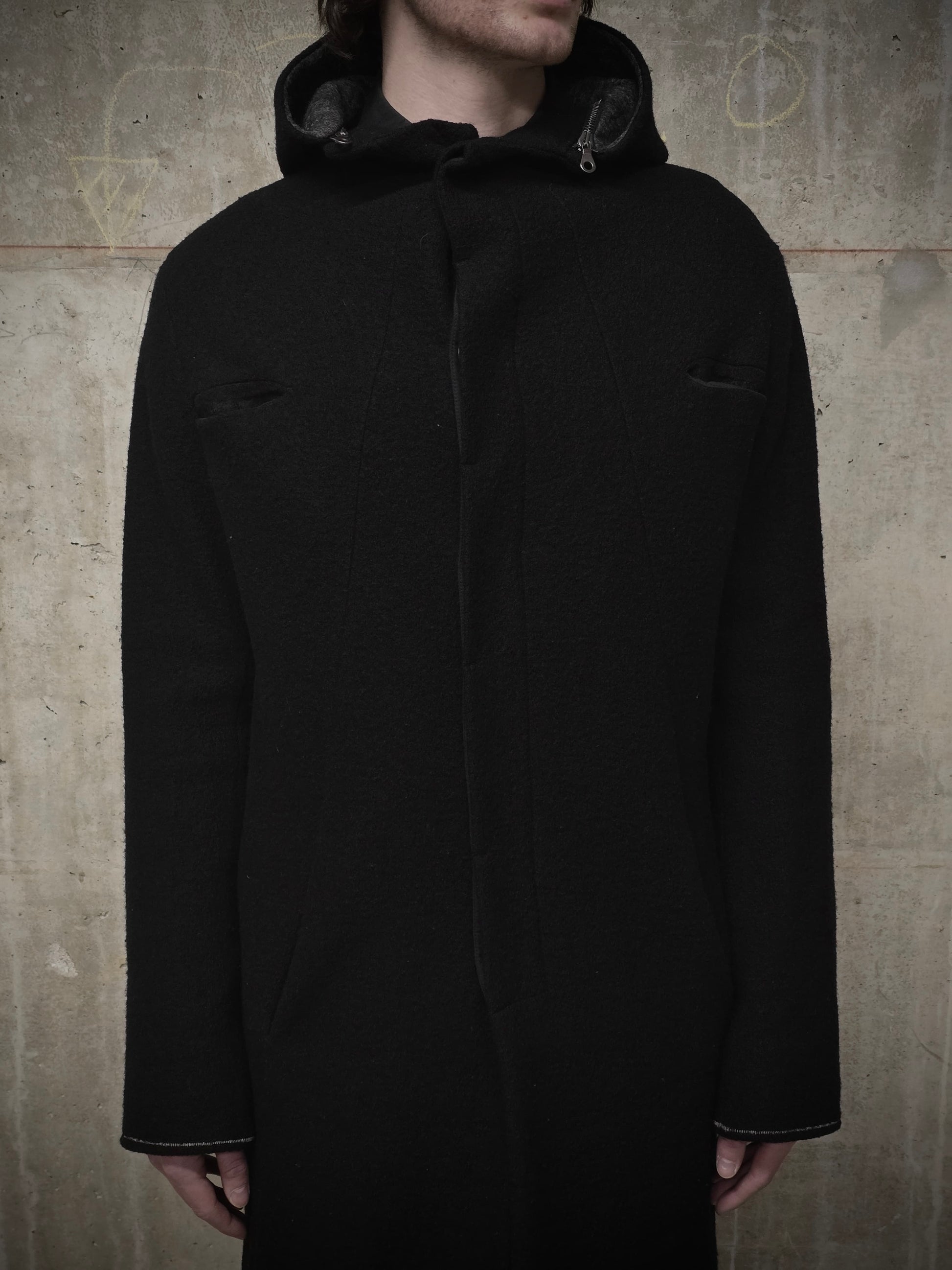 Lost and Found Ria Dunn Lost & Found by Ria Dunn 2010s Removable Hooded Boiled Wool Crepe Coat detail | DRIEW GARMENTS
