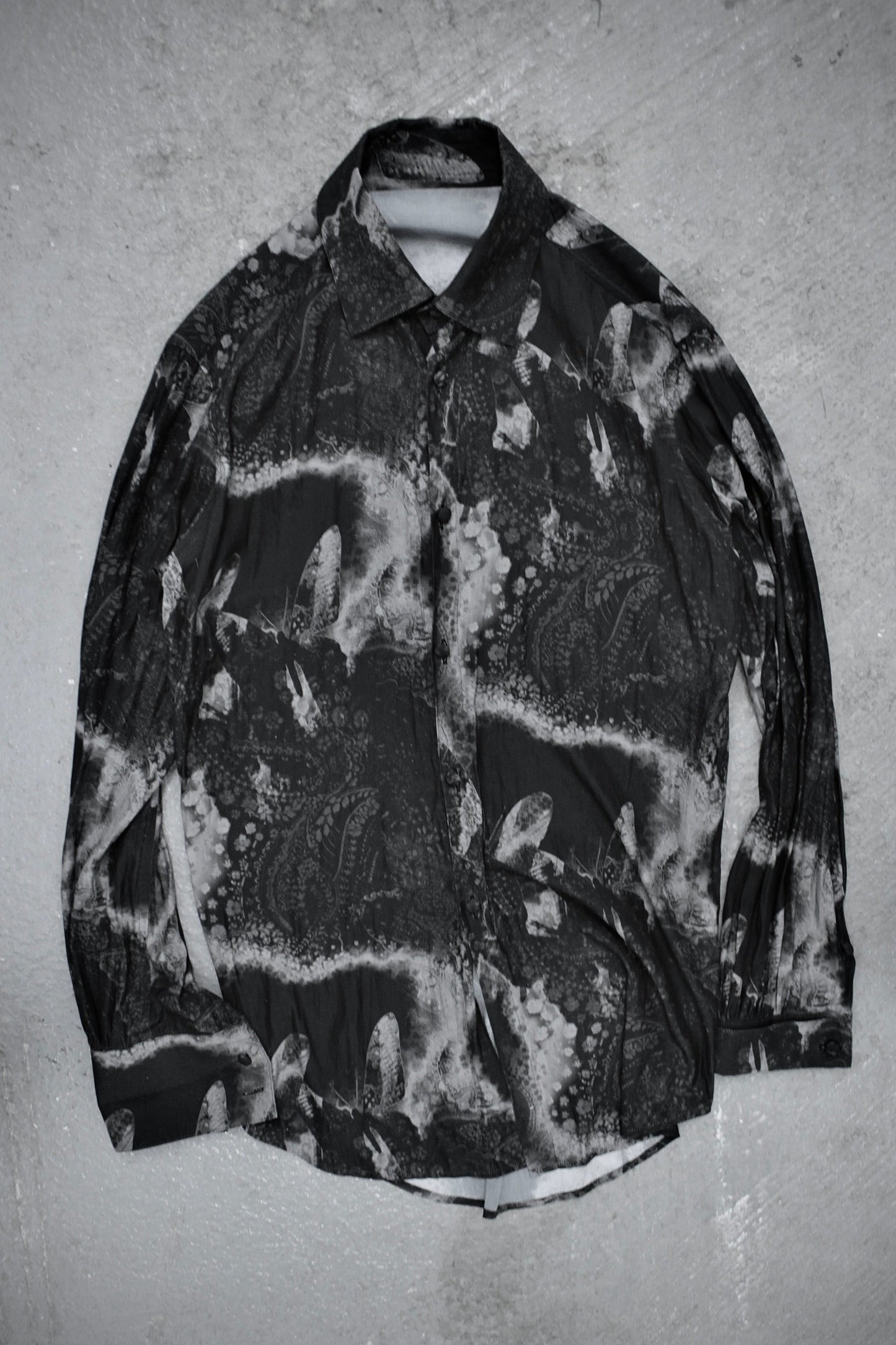kiryuyrik AW23 Grey Butterfly Nature Print French Cuff Shirt | Archive Fashion Toronto