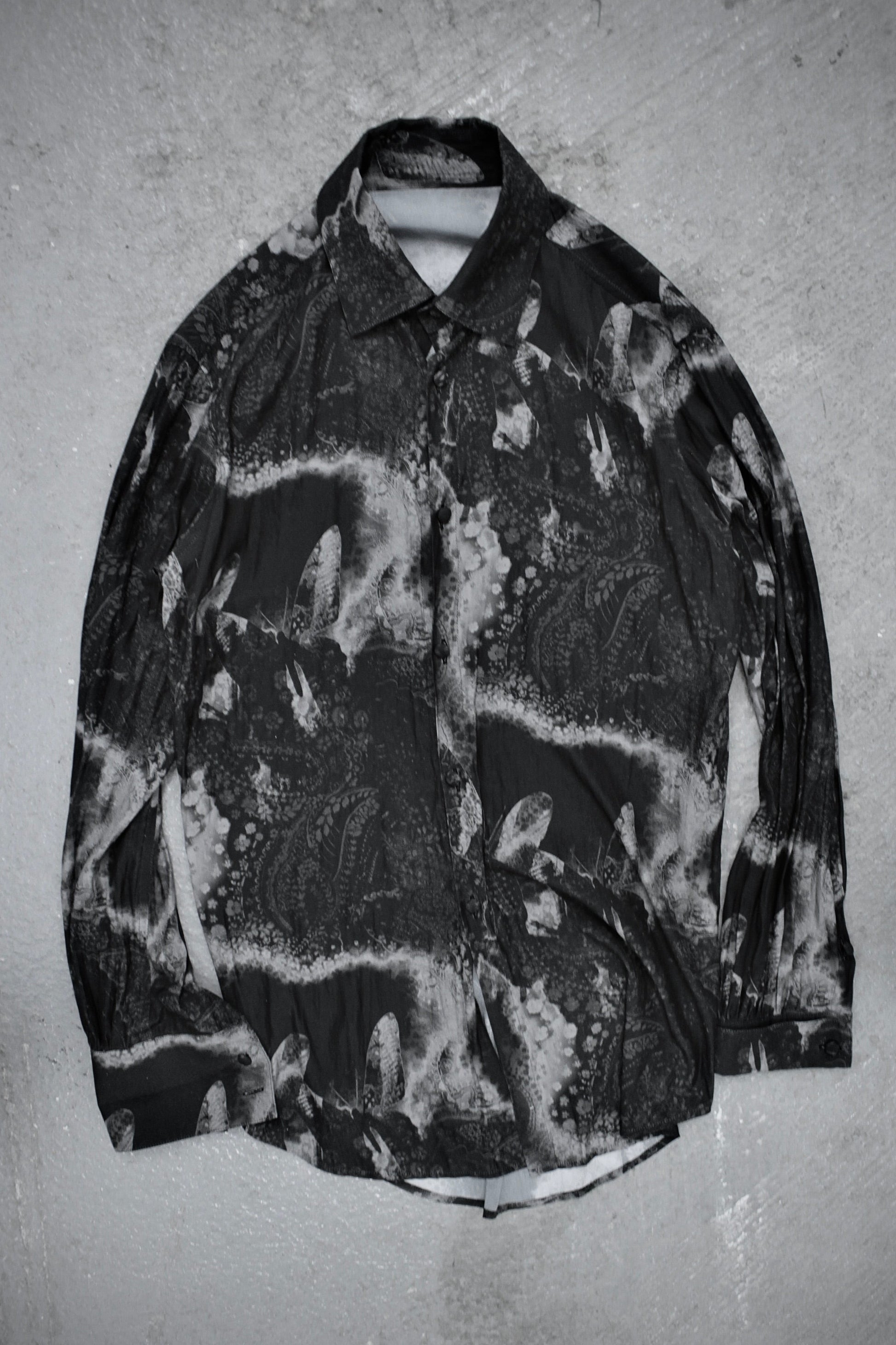 kiryuyrik AW23 Grey Butterfly Nature Print French Cuff Shirt | Archive Fashion Toronto