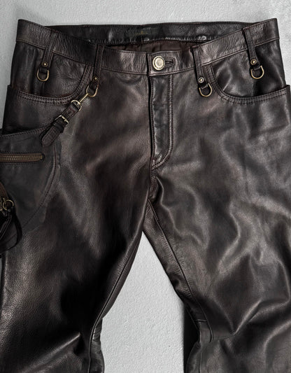 Obelisk Early 00s Brown Garment-dyed Cow Leather Flare Holster Pants