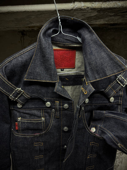 Yuji Yamada 00s 'FURNISHINGS' Removable Leather Harness Raw Denim 'Jean' Jacket detail | DRIEW GARMENTS
