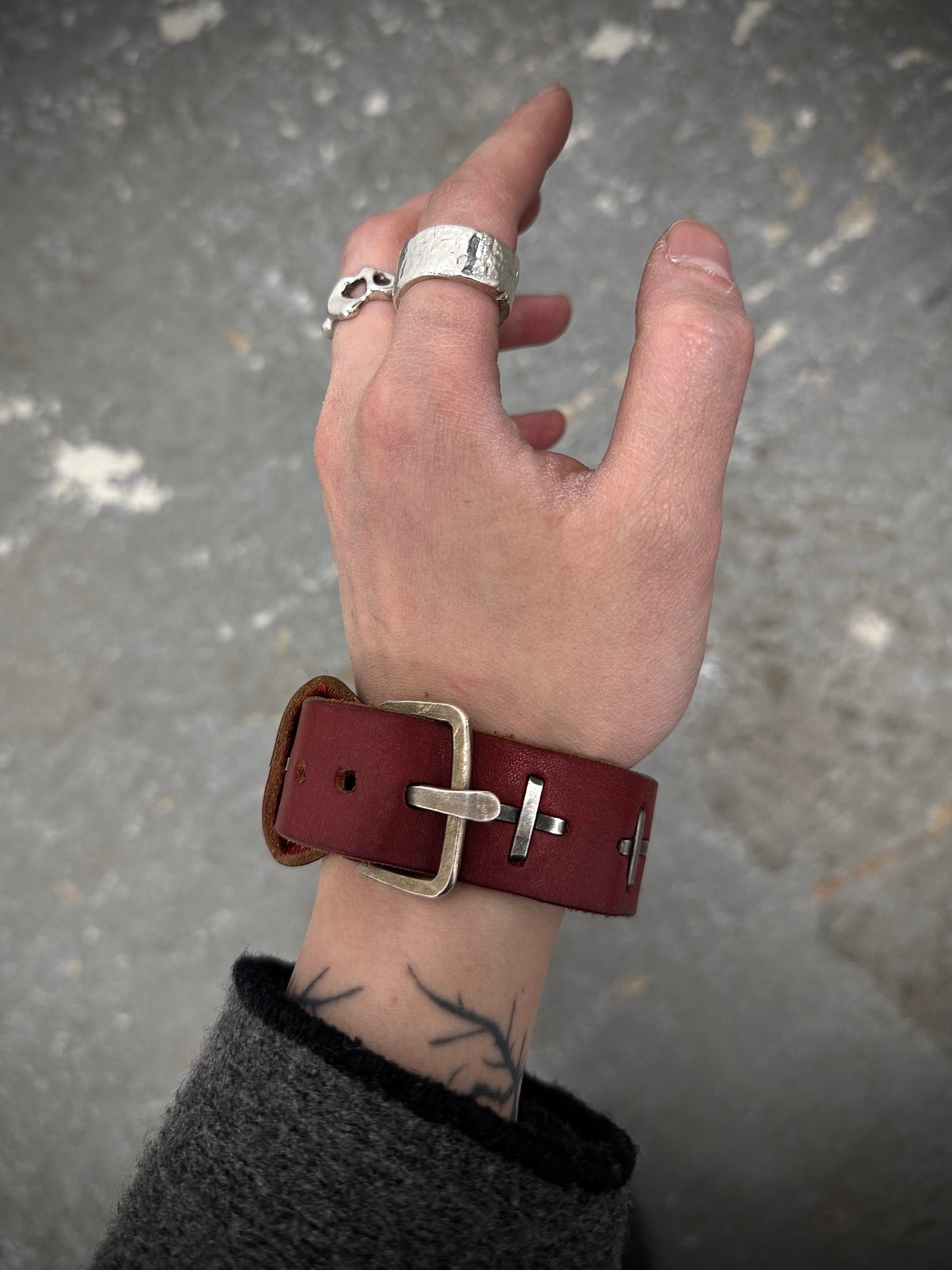 m.a+ by Maurizio Amadei 'AB14' GR 3.0 .925 Silver Cross Red Cow Leather Wide Wristband detail | DRIEW GARMENTS