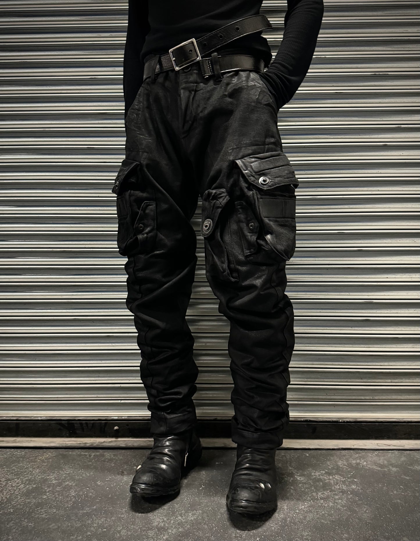 Julius_7 SS25 "_PERMANENT" Gas-Mask Coated Cargo Pants