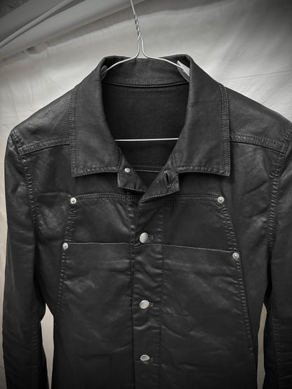 Rick Owens SS19 "BABEL" BLACK WAX Paneled Denim Trucker Jacket detail | DRIEW GARMENTS