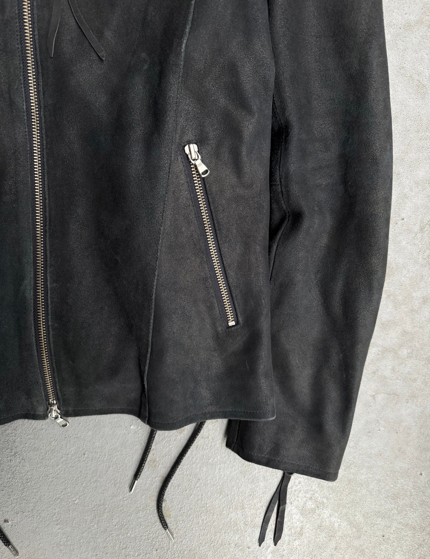 Tornado Mart Early 00s Dark Blue Corset Back Goatskin Suede Leather Jacket