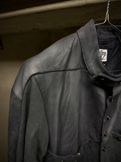 Zam Barrett SS25 Two-Toned Overlock Kangaroo ‘Faulted Shoulder 2.0’ Leather Jacket detail | DRIEW GARMENTS