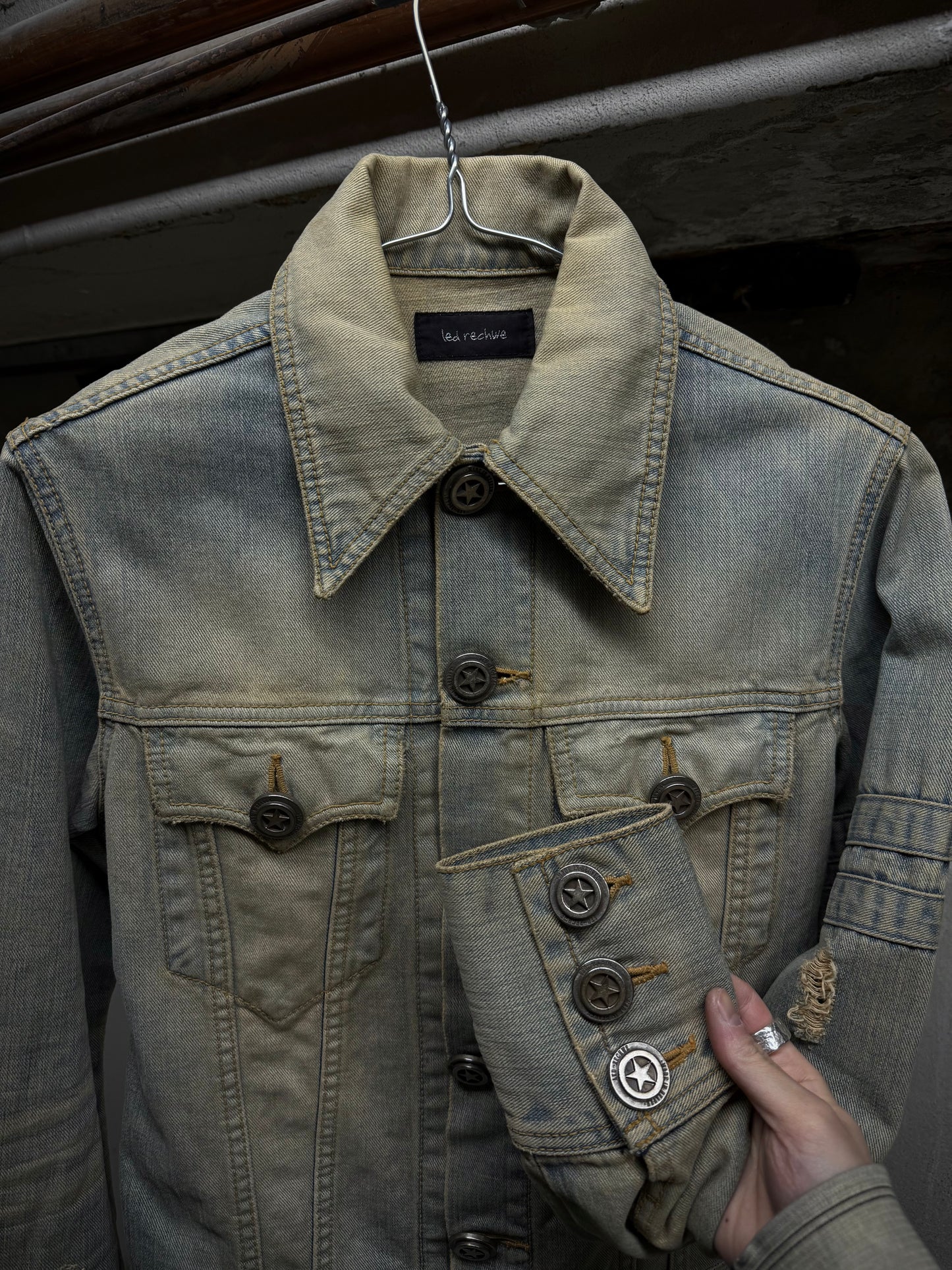 LED RECHWE Early 00s Vintage Wash Distressed Cropped Denim Trucker Jacket detail | DRIEW GARMENTS