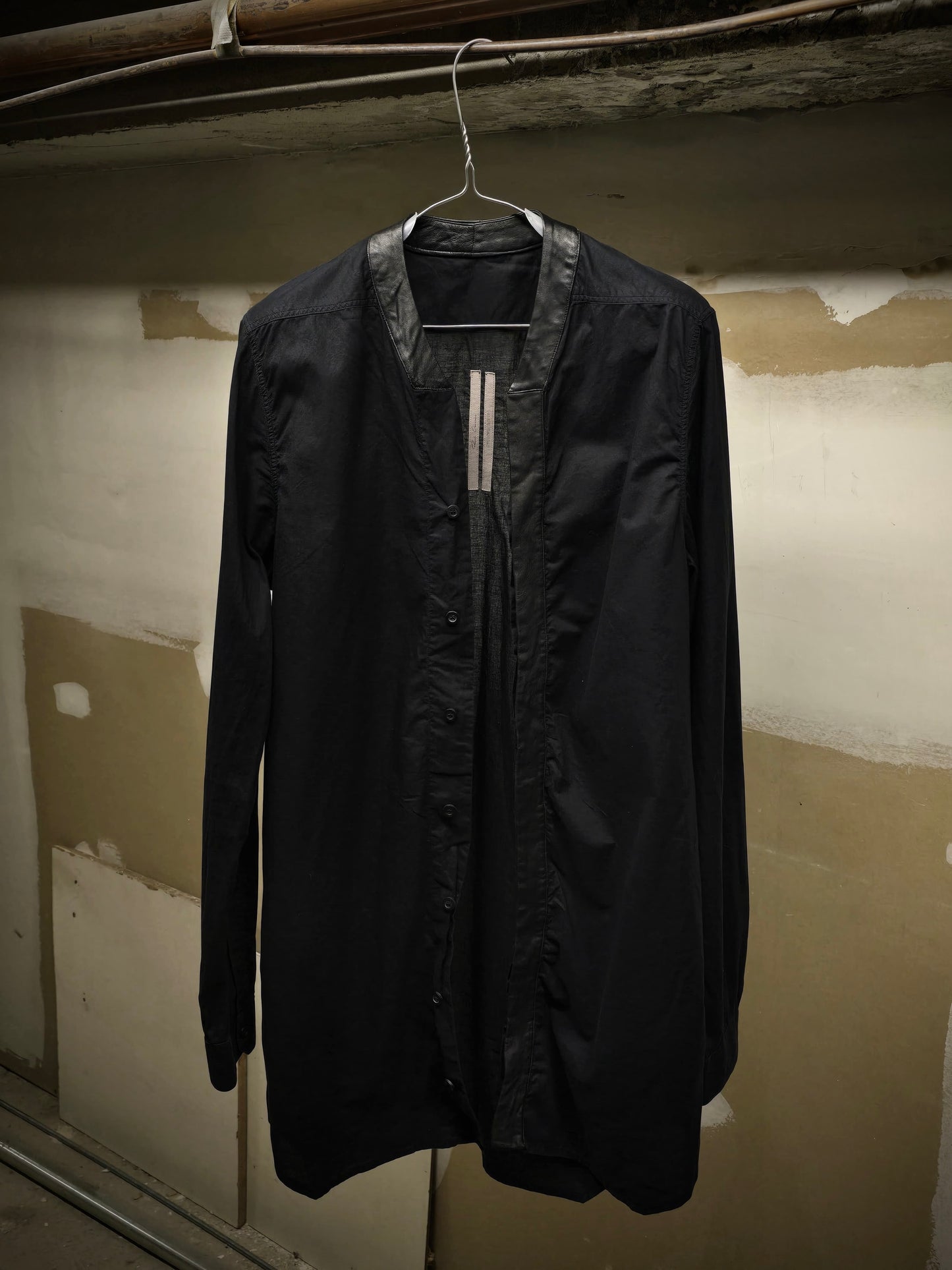 Rick Owens SS16 "CYCLOPS" Calf Leather Trim Mandarin Collar Shirt detail | DRIEW GARMENTS